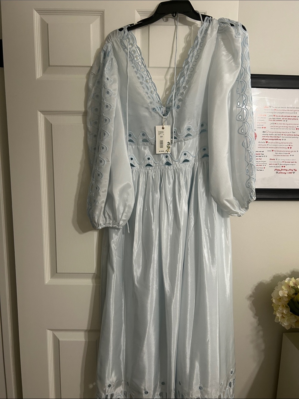 Light Blue Embroidered V-Neck Puff Sleeve Midi Dress